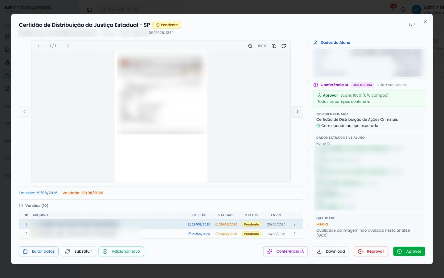 Tela do NettCourses exibindo a análise de documento por IA com comparação campo a campo